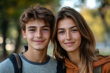 Wall Mural - Good-looking, single-parent mom and teen son in the park. Photo with copy space. Cohesion, friendship and family relations, Generative AI