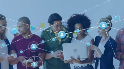Aufkleber - Animation of network of connections with people icons over diverse business people in office
