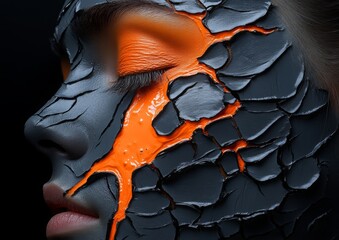 Cracked Skin,  Orange Flow: A close-up portrait of a woman's face, partially covered in cracked grey paint, with a vibrant orange liquid flowing down her cheek, creating a striking contrast and evokin