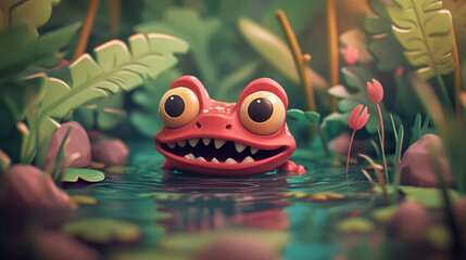 A cartoon frog is in a pond with a smile on its face