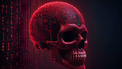 Human skull with circuit board on dark background. 3d illustration.