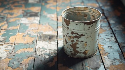 Poster - Rusty Metal Bucket on Weathered Wooden Floor