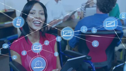 Poster - Animation of network of connections with device icons over diverse business people in office