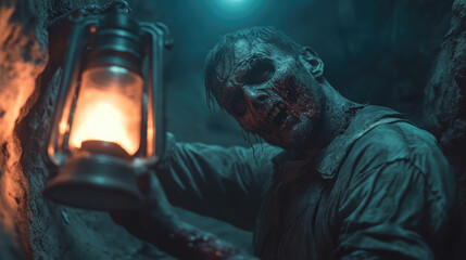 A decayed zombie miner in a tattered jumpsuit, rotting flesh hanging from its bones, standing in a collapsed mine tunnel, old lantern flickering faintly.