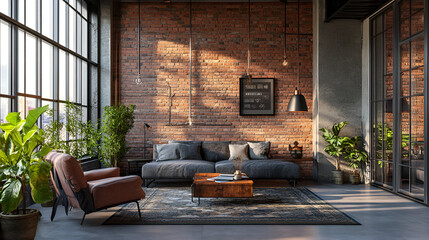 3D rendering of a living room interior in an industrial loft style