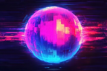Poster - Glitched orb. Twisted neon ring with cyberpunk style. Innovative round graphic featuring tv interference. Perfect for music festivals, gaming platforms, websites, ads, and visuals