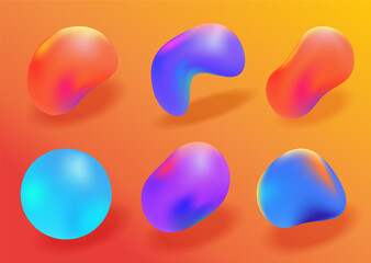 Aufkleber - Fluid liquid 3d shapes blob design abstract vector element graphic illustration set, paint water bubble and sphere ball neon red pink orange purple color image clip art, vivid vibrant weird objects
