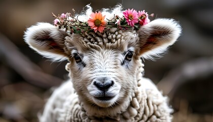 Charming baby lamb adorned with a flower crown, smiling playfully at the camera