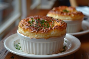 Souffle A perfectly risen cheese souffle with a golden, fluffy top. Served in a white ramekin on a matching plate