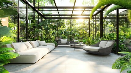 Wall Mural - Modern Glass House Patio with White Sofa and Lush Greenery.