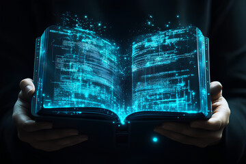 Poster - A person holds an open book emitting holographic data and light effects.