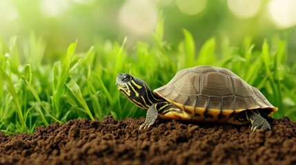 Poster - A turtle is sitting on top of the ground in a field, AI