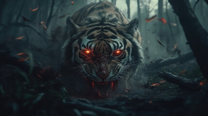 A tiger with glowing red eyes is shown in a dark forest