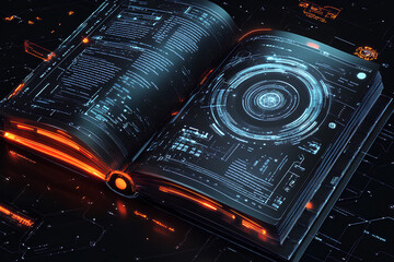 Poster - A futuristic open book displaying digital data and holographic elements.
