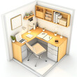 © Studios - 3D Render of a small study room with a compact desk, folding chair, and efficient storage, floor plan, on isolated white background