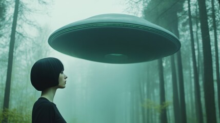 A woman in a forest looking up at an alien flying object, AI