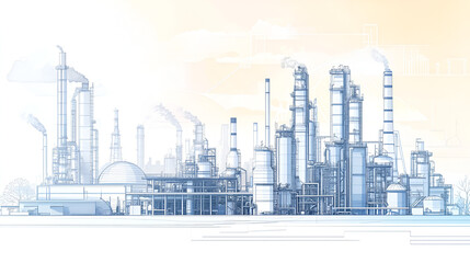 Wall Mural - Line drawing depicting an industrial landscape featuring an oil refinery plant representing the oil industry with the sky depicted in a separate layer