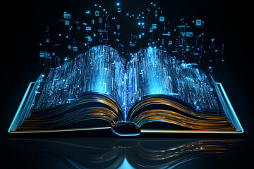 Poster - A glowing open book with digital data emerging, symbolizing knowledge and technology.