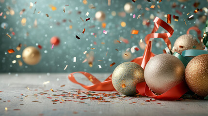 Happy New Year 2025. Christmas and New Year greeting card with balls, , ribbon and confetti