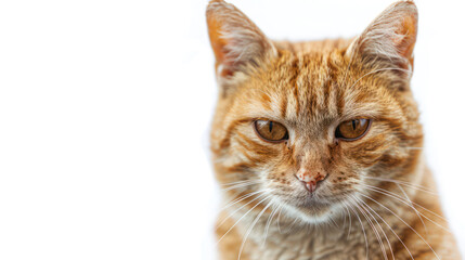  Front side close up of smart orange cat with grateful face isolated white background with copy space. Cat looking directly at the camera. Close-up shot ideal for pet themed products or advertising
