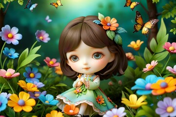 Cute little 3D doll in children's cartoon style, animated fantasy. Artistic background. Artistic illustration. Cartoon stylized illustrated art.