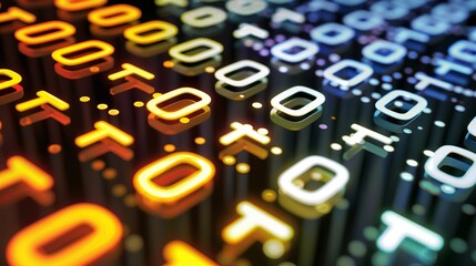 Poster - Vibrant neon binary code grid set against abstract swirling shapes for digital concept illustration