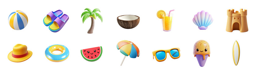 Set of 3D summer icons on transparent background.