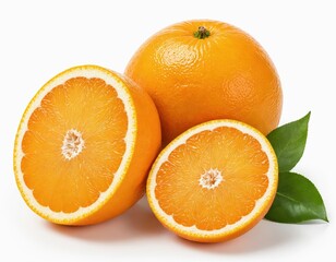 Three vibrant oranges, one whole and two sliced, are arranged on a white background, with the whole orange on the left and the two slices on the right