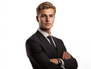 Handsome young businessman in suit looking at camera and arms crossed on white background