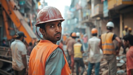 Indian construction worker wearing an orange vest and helmet, standing street with a busy city background, a team working behind him. Developing country and third world improvement