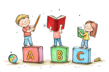 Three children standing on colorful alphabet blocks, reading books, and holding a large pencil, surrounded by playful educational elements in a cartoon illustration
