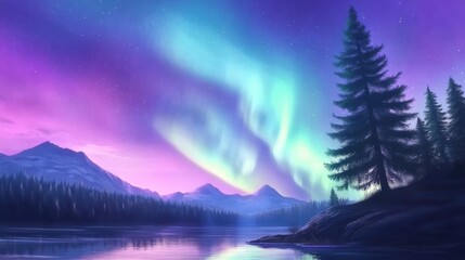 Canvas Print - A painting of a mountain lake with the aurora bore, AI