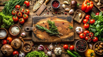 A wooden cutting board surrounded by fresh vegetables such as lettuce tomatoes bell peppers garlic and spices creating a colorful and rustic presentation ready for cooking