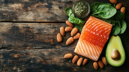 Poster - A healthy meal plan featuring foods high in vitamin B, such as almonds, spinach, salmon, and avocados, spread out on a rustic wooden table