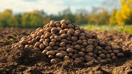 A pile of freshly harvested potatoes resting on rich, dark soil under a clear sky, showcasing agricultural abundance.