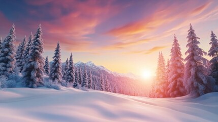 Sticker - A snowy landscape with trees and a sun setting, AI