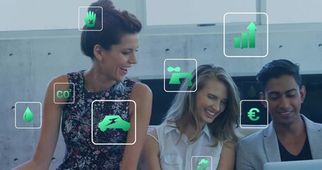 Aufkleber - Animation of eco icons and data processing over diverse business people in office