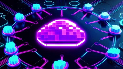 Poster - A neon pink cloud icon on a futuristic circuit board.