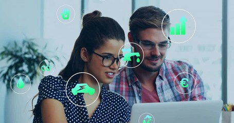 Poster - Animation of eco icons and data processing over diverse business people in office