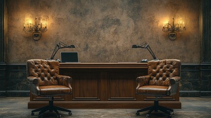 Minimalist interview setup with two leather chairs facing each other, separated by a wooden desk with microphones on both sides. Neutral background with soft lighting, offering copy space