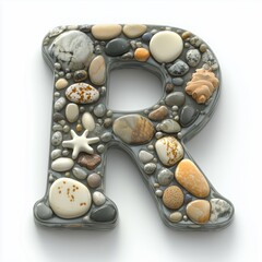 Sticker - Letter R Formed by Pebbles and Seashells