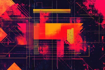 Poster - Geometric design generation for cyber monday promotions. Artwork styled in glitch visuals with geometric shapes for cyber event. Memphis glitch inspiration. 8-bit pixel art style