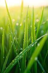 Wall Mural - A close-up view of fresh green grass with dew drops on them, soft beautiful morning light 