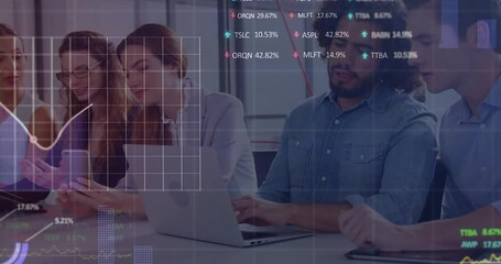 Poster - Animation of financial data processing over diverse colleagues discussing work in office