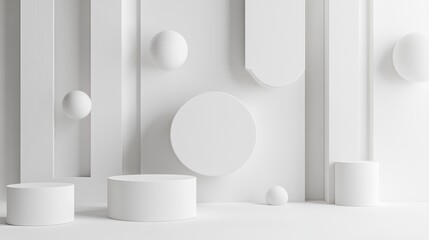Fototapete - White abstract geometric shapes on a smooth background, creating a clean and modern design aesthetic