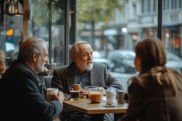 Wall Mural - Business people having a conversation during the coffee break near the window in the cafe, Generative AI