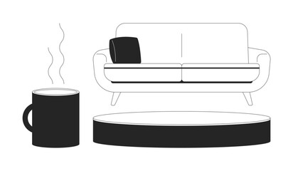 Wall Mural - Talk show studio setup black and white 2D line objects set. Comfortable furniture isolated clip arts vector outline items collection. Furnishing equipment for interview. Monochrome spot illustrations