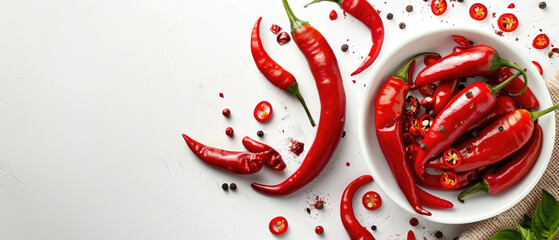 View of scattered red hot chilies spice from above isolated on white background with wide empty space for text