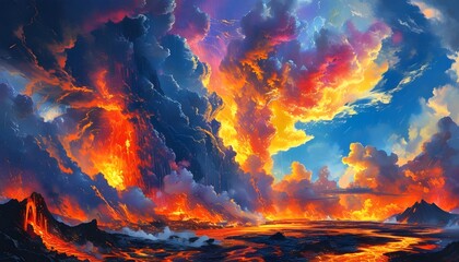 Dramatic volcanic landscape with molten lava beneath a stormy sky filled with vibrant, colorful clouds, showcasing natures raw power and beauty