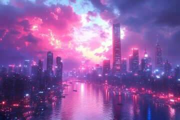 A sleek futuristic cityscape with towering skyscrapers and neon lights against a dark night sky